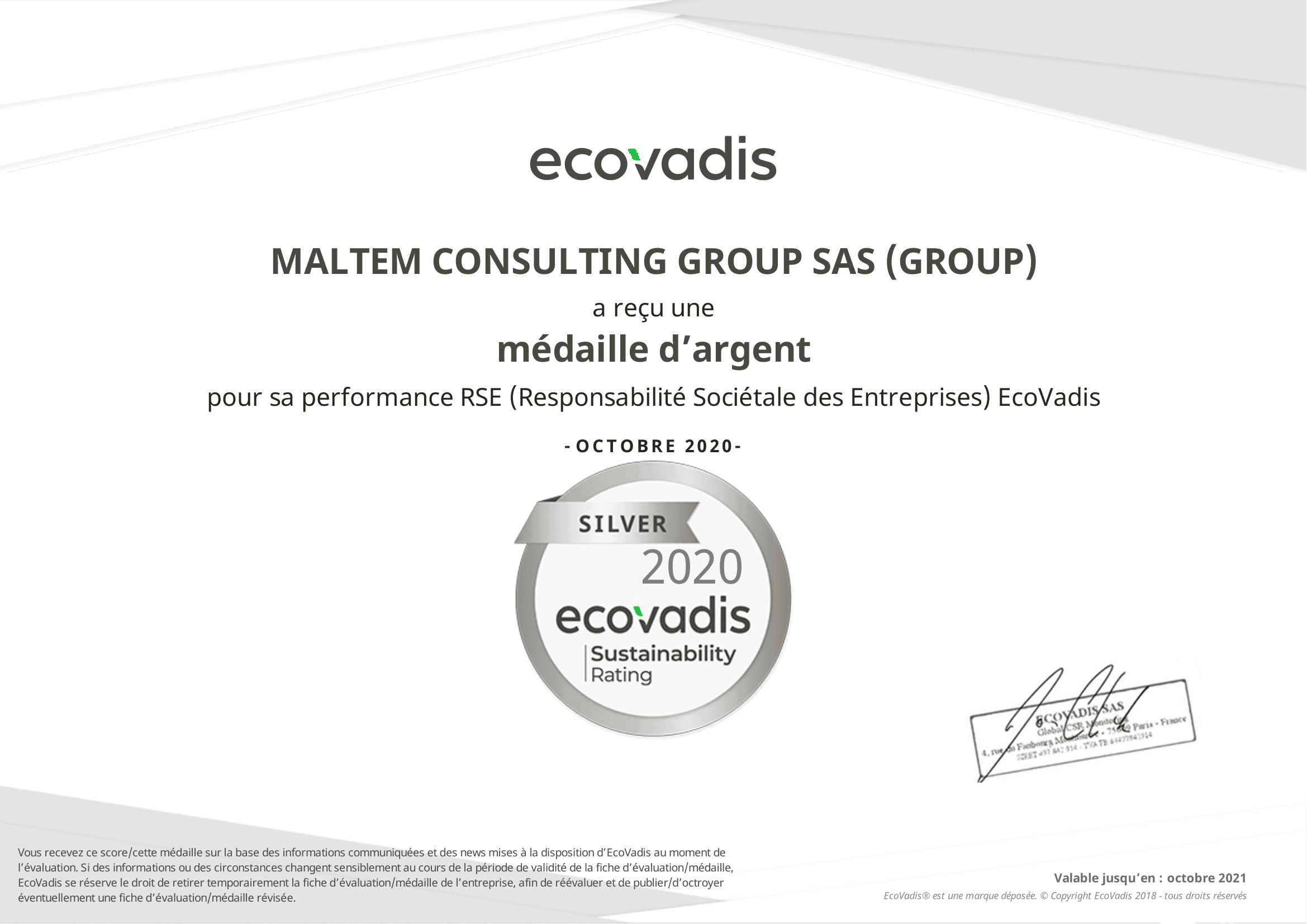 Maltem Consulting Group a reçu la médaille d'argent pour sa performance RSE EcoVadis